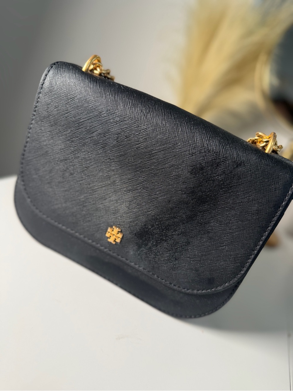 Tory Burch Black Leather Crossbody with Gold Chain